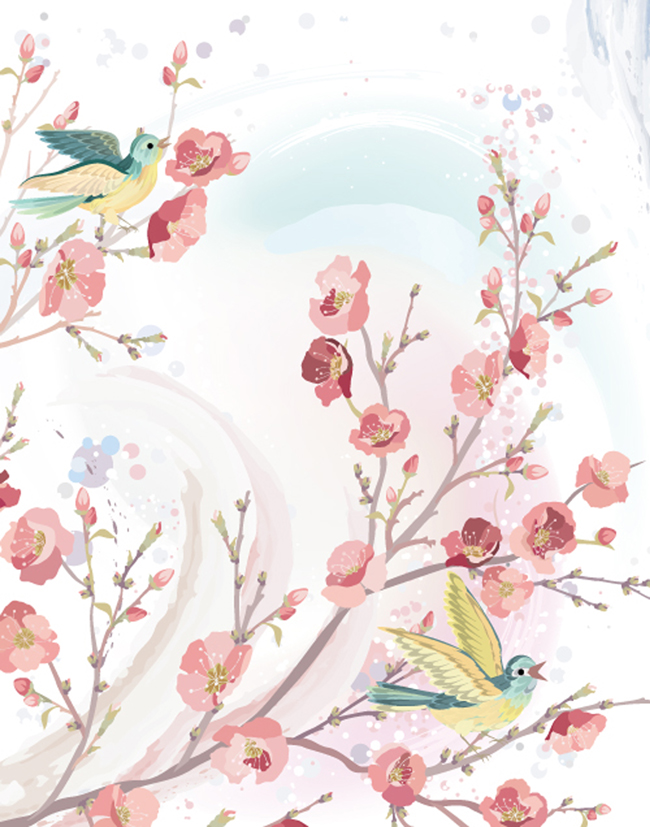 Hand-Painted-Spring-Flowers-and-Birds-Background