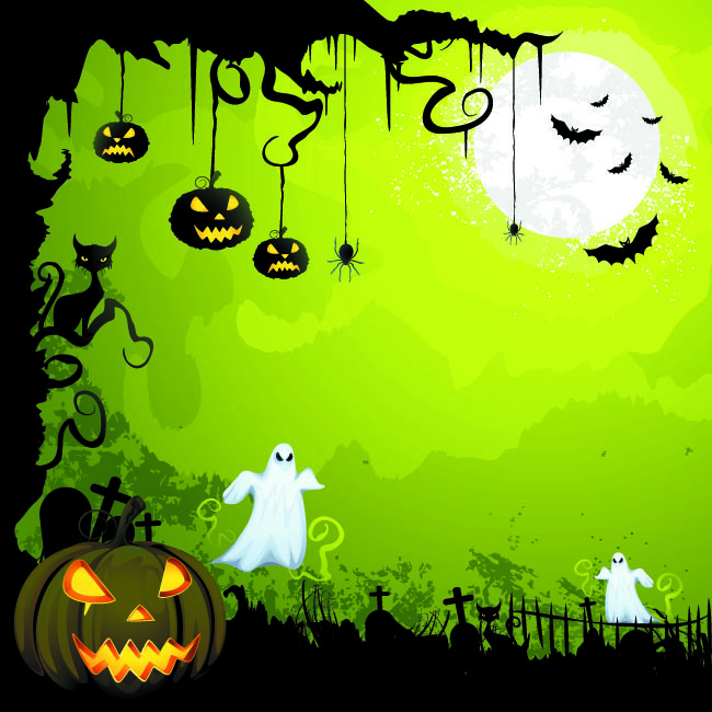 Vector-glowing-pumpkin-in-graveyard-green-greeting-card-template