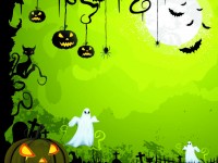 Vector-glowing-pumpkin-in-graveyard-green-greeting-card-template